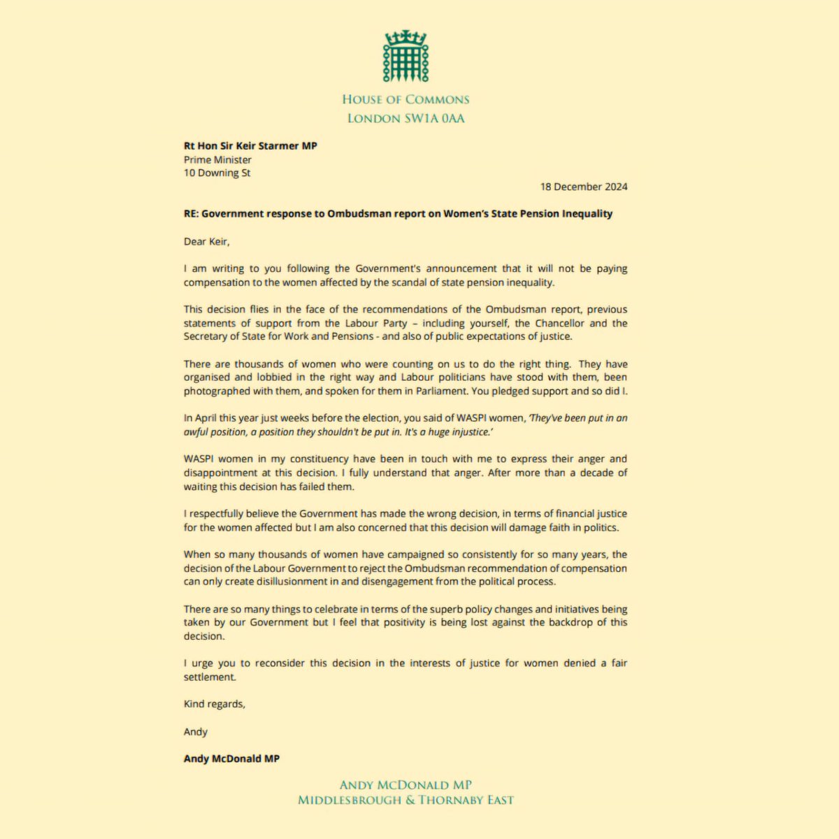 WASPI women in my constituency have been in touch with me to express their anger that the Govt will not be paying compensation to them.

I have written to the PM to say I believe the Govt has made the wrong decision and should reconsider.

#WASPI