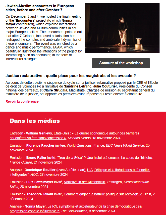 📩 Our December newsletter is out!  

In this edition: digital &amp; democracy, symbolic policy, Jewish-Muslim encounters before/after Oct7 

➕new member, latest publications, forthcoming events &amp; job offers, etc

⏩swz8w.mjt.lu/nl3/hXhuzY5CvU…

Subscribe: sciencespo.fr/centre-etudes-…