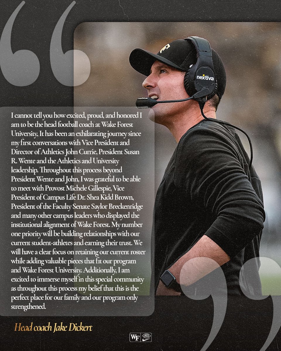 Wake Forest Football (@wakefb) on Twitter photo “I cannot tell you how excited, proud and honored I am to be the head football coach at Wake Forest University." - <a href="/CoachDickert/">Jake Dickert</a> 🗣️
🔗: deacs.info/4iJkDNC “I cannot tell you how excited, proud and honored I am to be the head football coach at Wake Forest University." - <a href="/CoachDickert/">Jake Dickert</a> 🗣️
🔗: deacs.info/4iJkDNC