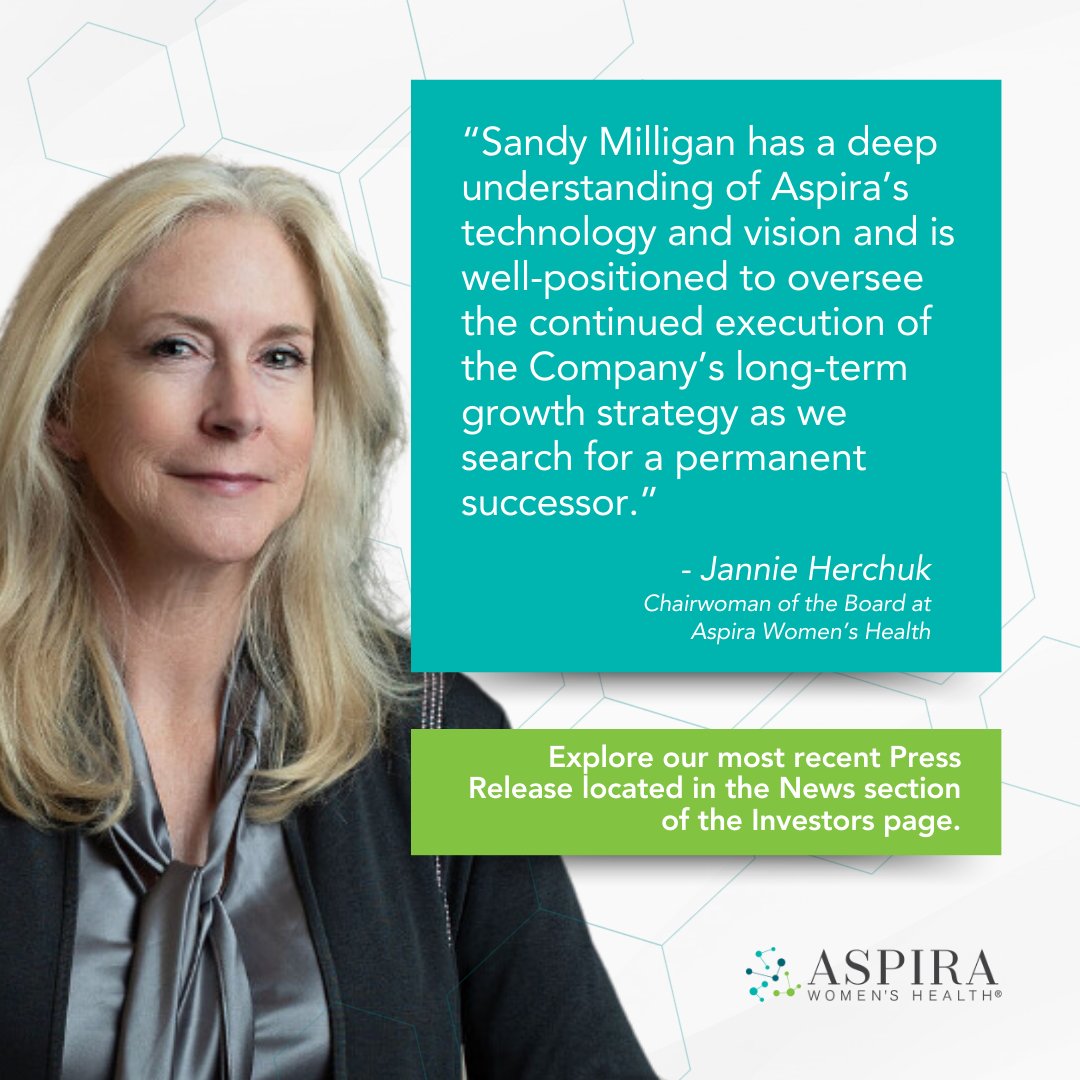 We are pleased to announce that Sandy Milligan, MD JD has stepped into the role of Interim CEO at Aspira Women's Health. Read the full press release to learn more about this important leadership transition here: ir.aspirawh.com/press-release/…