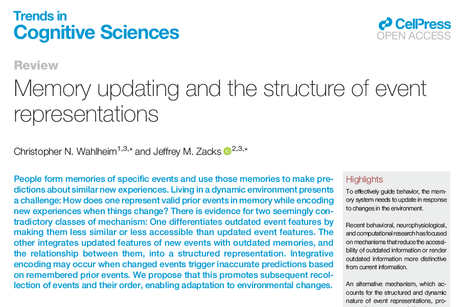 Trends in Cognitive Sciences (@trendscognsci) on Twitter photo Memory updating and the structure of event representations
Review Christopher N. Wahlheim (<a href="/CWahlheim/">Chris Wahlheim</a>) & Jeffrey M. Zacks, tinyurl.com/p8vjee58 Memory updating and the structure of event representations
Review Christopher N. Wahlheim (<a href="/CWahlheim/">Chris Wahlheim</a>) & Jeffrey M. Zacks, tinyurl.com/p8vjee58