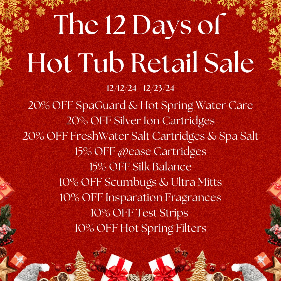 Save on hot tub supplies NOW! These are great stocking stuffers. Save until 12/23/24.