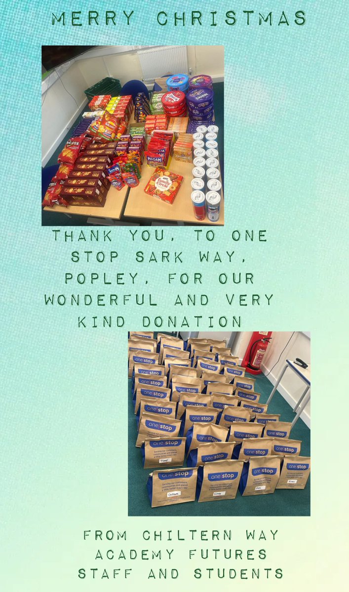 ChilternWayAcademyTrust (@chilternway) on Twitter photo Thanks <a href="/onestopstores/">One Stop Stores</a> Popley for your donation. Means a lot. Merry Christmas from Chiltern Way Futures #kindness #Christmas #futureisbright #AP #Schools Thanks <a href="/onestopstores/">One Stop Stores</a> Popley for your donation. Means a lot. Merry Christmas from Chiltern Way Futures #kindness #Christmas #futureisbright #AP #Schools