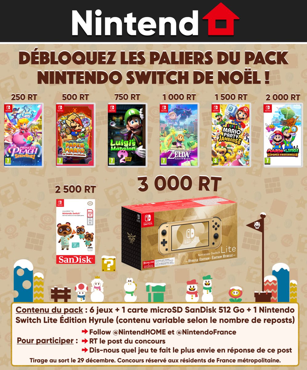 NintendHOME's tweet image. 🎁 Concours – Parviendrez-vous à débloquer les paliers du pack Nintendo Switch de Noël ? Un lot exceptionnel à gagner pour les fêtes !

Pour participer :
🔄 RT et Follow @NintendHOME et @NintendoFrance
↩️ Dis-nous quel jeu te fait le plus envie en commentaire
📅 Tirage le 29/12