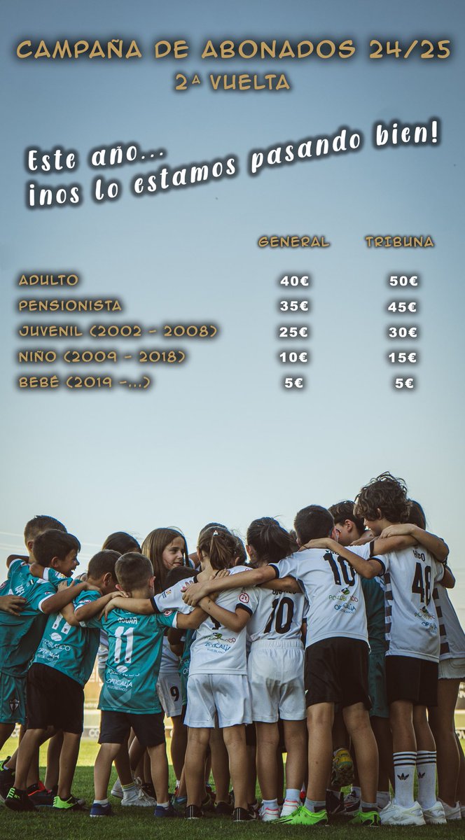 🌟 CAMPAÑA DE ABONADOS 2ª VUELTA 🌟

⚽ ¡Este año, nos lo estamos pasando bien! ⚽

Es el momento perfecto para unirte a nuestra familia. 💪

🎟️ El abono incluye todos los encuentros de la segunda vuelta y el de este viernes a las 20:30 frente al AD Ceuta.