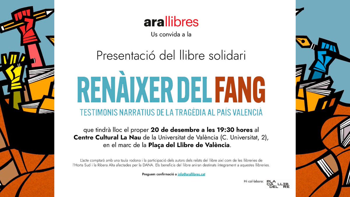 Ja és a llibreries ‘Renàixer del fang’, el volum col·lectiu i solidari que hem editat amb urgència a <a href="/arallibres/">Ara Llibres</a> amb l’objectiu de salvar les llibreries afectades per la DANA <a href="/GremiLlibrers/">Gremi de Llibrers de València</a>.

Demà dijous el presentem a @ateneubcn i divendres, a <a href="/placadelllibre/">Plaça del Llibre</a>.

Info 👇🏼👇🏼