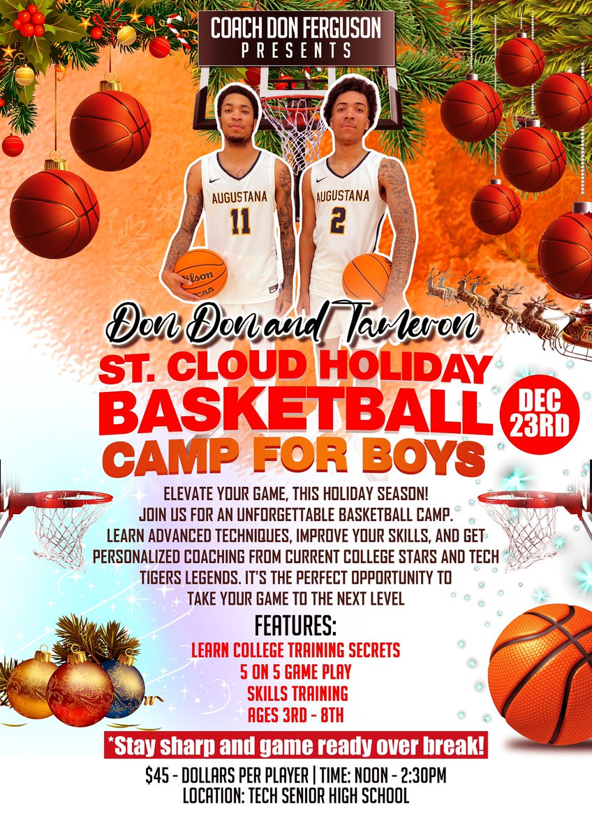 🏀 Who's ready for some holiday hoops? 

Coach Don's camp is back, &amp; it's going to be🔥🔥Two Tech legends will be sharing their secrets! Don't miss out!

Sign up today!

🗓️Date: Dec. 23rd
⏰Time: noon - 2:30pm
📍Tech HS 

💻Sign up thru Community Ed: isd742.ce.eleyo.com/course/6954/fa…