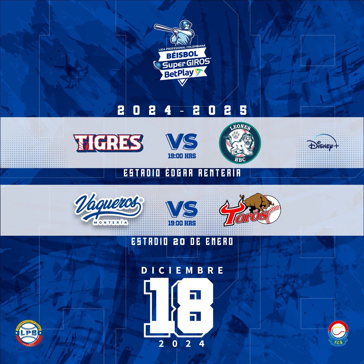 Nos vemos en la jornada del día 🔜
🐅🆚🦁
Estadio Edgar Rentería 🏟️
Trasmitido por Disney+📲
🤠 🆚 🐂
En el estadio 20 de enero 🏟️