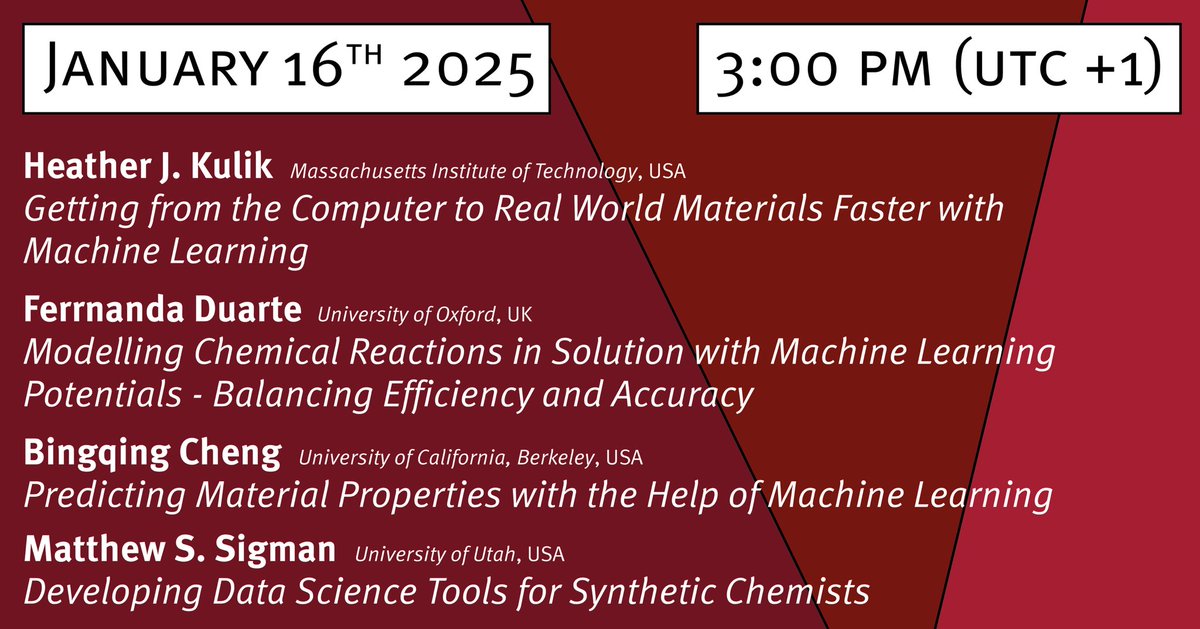 Glorius Group (@gloriusgroup) on Twitter photo 🎄✨Your Calendar’s Best Gift🎁
Join us online on Jan 16th for the 7th International Mini-Symposium on #Molecular #MachineLearning 🧪
🎤 Cutting-edge talks:
🔹 <a href="/KulikGroup/">the Kulik Group</a>
🔹 <a href="/fjduarteg/">Fernanda Duarte</a>
🔹 <a href="/ChengBingqing/">Bingqing Cheng</a>
🔹 <a href="/Sigman_Lab/">Sigman Lab</a>
💻 Register now: bit.ly/7thMML 🎄✨Your Calendar’s Best Gift🎁
Join us online on Jan 16th for the 7th International Mini-Symposium on #Molecular #MachineLearning 🧪
🎤 Cutting-edge talks:
🔹 <a href="/KulikGroup/">the Kulik Group</a>
🔹 <a href="/fjduarteg/">Fernanda Duarte</a>
🔹 <a href="/ChengBingqing/">Bingqing Cheng</a>
🔹 <a href="/Sigman_Lab/">Sigman Lab</a>
💻 Register now: bit.ly/7thMML