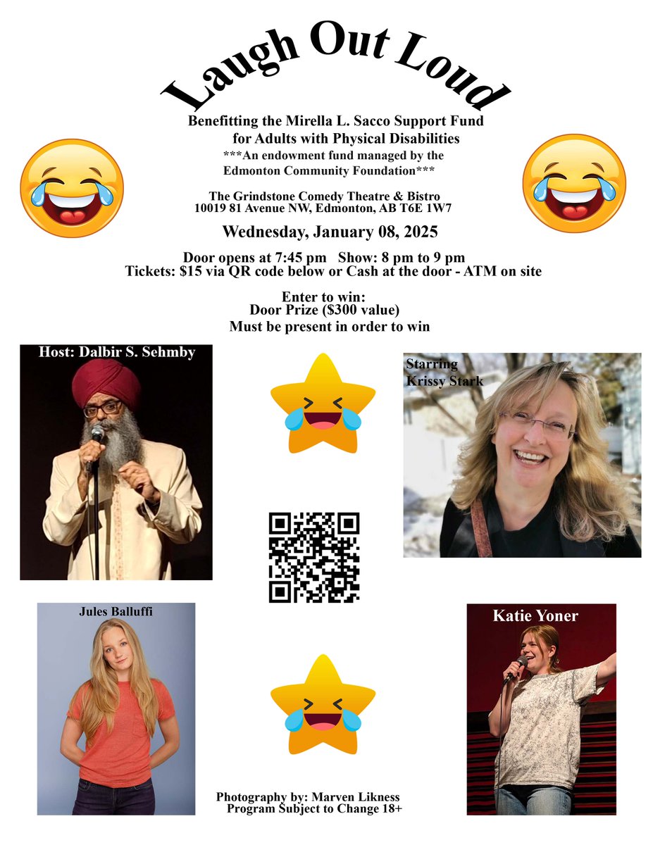 Come Laugh out Loud, your donation will invest in the future of a child with a physicals disability,   click the QR code in the poster or go here to purchase your tickets showpass.com/laugh-out-loud/