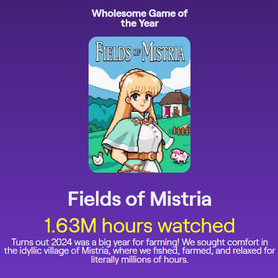 FieldsofMistria's tweet photo. Fields of Mistria is Twitch's Wholesome Game of the Year! We are so grateful for all the streamers who shared Mistria with their communities and everyone who tuned in for some cozy fun! 💜 https://t.co/fKmLuI8Qp2