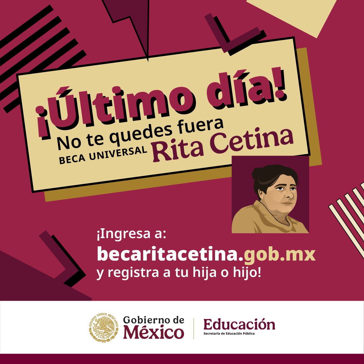 🚨🚨 ¡Último día de registro!⚠️⚠️

Si tu hija o hijo estudia en la secundaria pública, aún puedes registrarlo a la beca universal #RitaCetina. 👧🏻👦🏻💵

Hazlo ahora: ➡️ becaritacetina.gob.mx