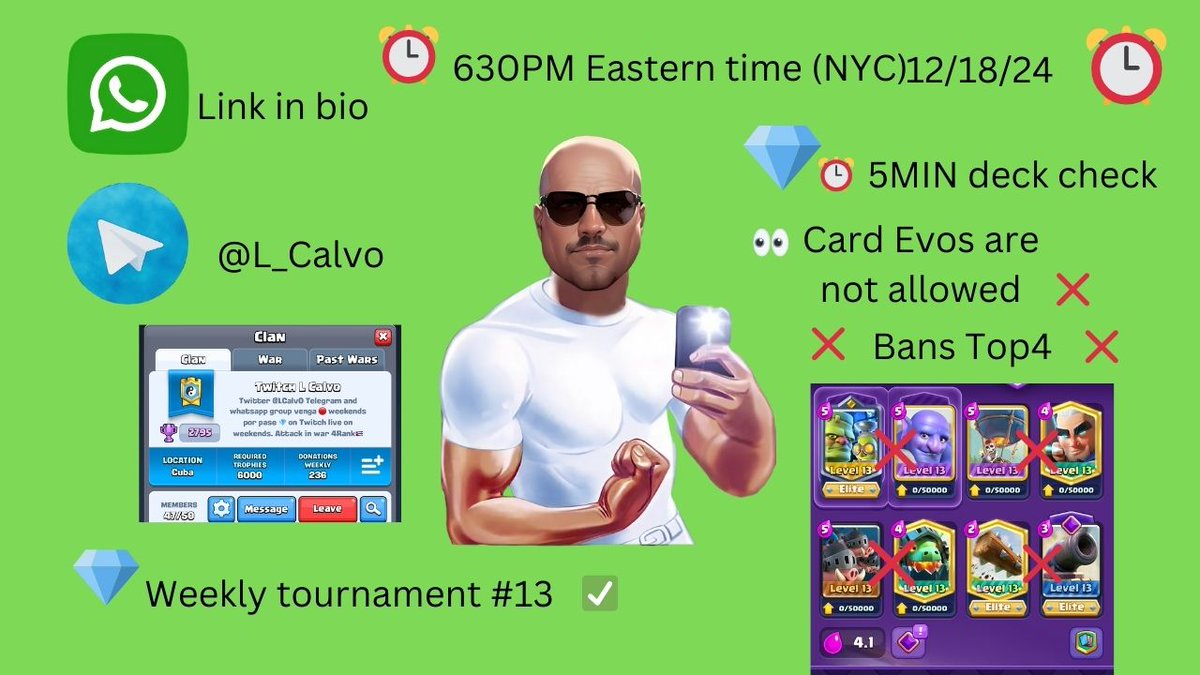 CalvoClanCupCR Weekly 13

See you all today these are bans Goblinstein, Bowler, Balloon, Magic Archer, Royal Hogs, Inferno Dragon, Log and Cannon.  Picked by you all. Good luck to all.

Vammmmos ganga 

#ClashRoyale