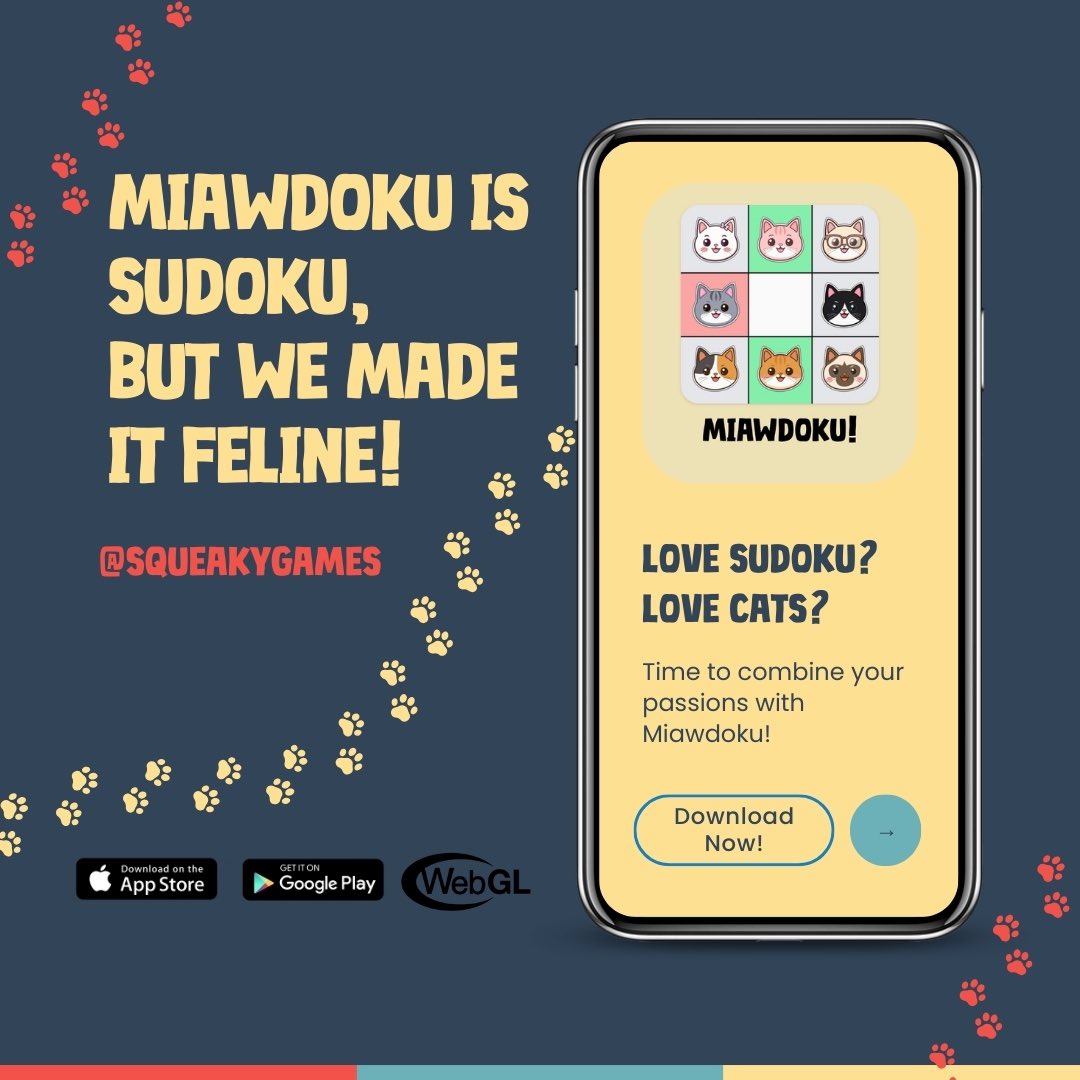 squeakygamesinc's tweet photo. Love Sudoku? Love cats? Time to combine your passions with Miawdoku! 😺
✨ Download on iOS today. Visit https://t.co/fnyhxjOvp8 #Miawdoku #sudoku #catlovers #catsofinstagram #squeakygames #braingames https://t.co/iFNiTItwNS