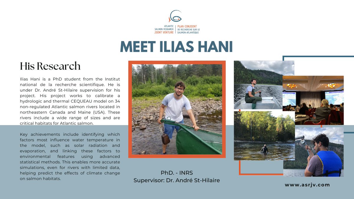 🐠 Meet Ilias Hani from our Student-HUB. 🐠

One of our students who is working on their PhD project, which focuses on calibrating a hydrologic and thermal CEQUEAU model on 34 non-regulated Atlantic salmon rivers located in northeastern Canada and Maine (USA).

Read more below: