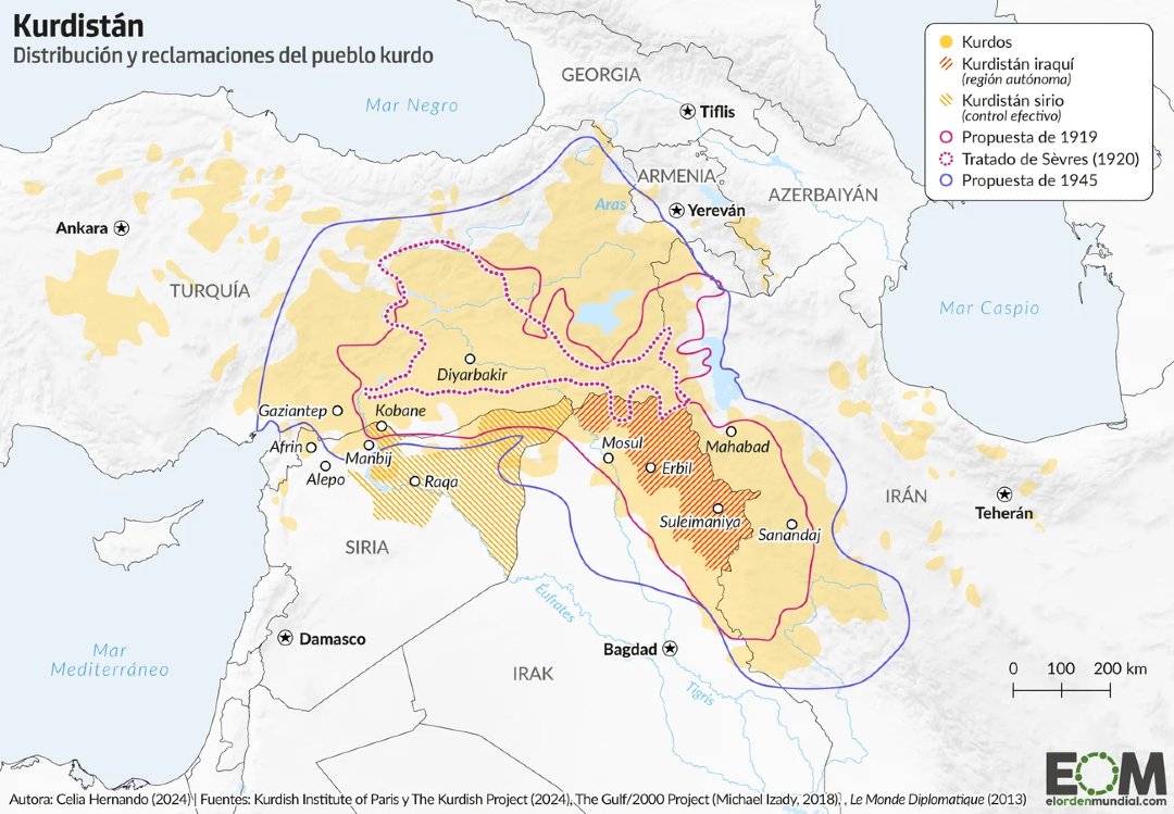 elOrdenMundial's tweet photo. 🗺️ Los kurdos son el pueblo sin Estado más numeroso del mundo

Entre 25 y 35 millones de personas kurdas viven repartidas entre Turquía, Irán, Irak, Siria, Armenia y Azerbaiyán

Este mapa de @Geocelia_ muestra su distribución y reclamaciones 👇 https://t.co/N8J42najzy