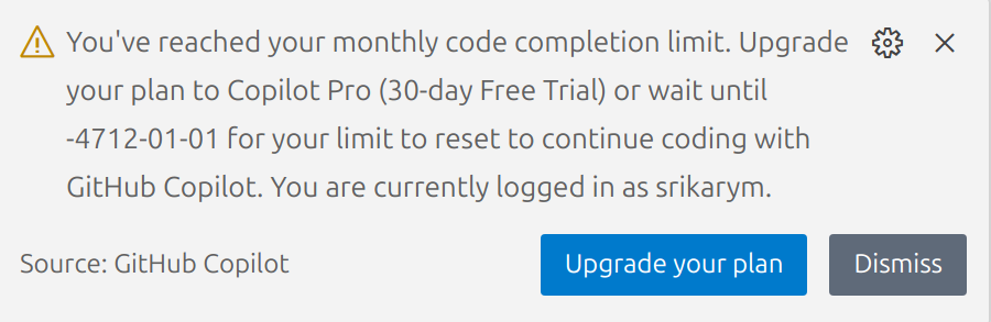 ymsrikar's tweet photo. Copilot hit its limit, I guess I'll have to read the documentation... like it's 2022 https://t.co/9VUyEmkRFj