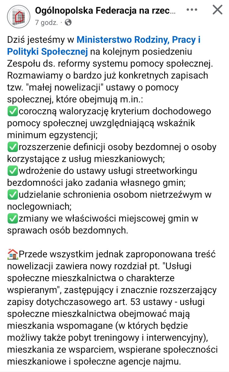 Ważne propozycje zmian w ustawie o pomocy społ.Zespołu przy <a href="/MRPiPS_GOV__PL/">Ministerstwo Rodziny, Pracy i Polityki Społecznej</a>!Nowy rozdział "Usługi społ. #mieszkalnictwo o charakterze wspieranym" rozszerzający art.53:  obejmą:
🏡mieszkania wspomagane
🏡ze wsparciem,
🏡wspierane społeczności mieszkaniowe
🏡społeczne agencje najmu