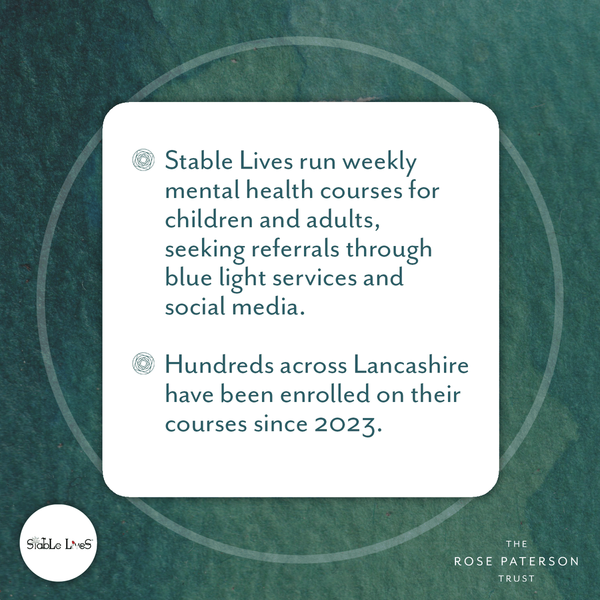 RPatersonTrust's tweet photo. MEET THE GRANTEE! 

Second year funding for @Stable_Lives, who are demonstrating the healing power of equine therapy with incredible results; we were blown away with their programme. Thank you Carrie and the team for everything you do. #suicideprevention #mentalhealth #charity https://t.co/ARq47RY8R5