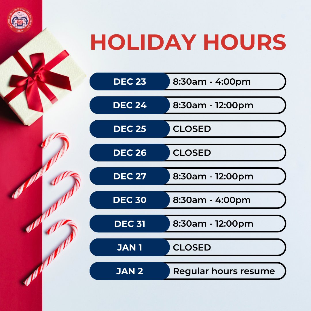 🎄✨ Holiday Hours Alert! ✨🎄

Local 95's Union Office will be operating with modified hours this holiday season, effective December 24th.
