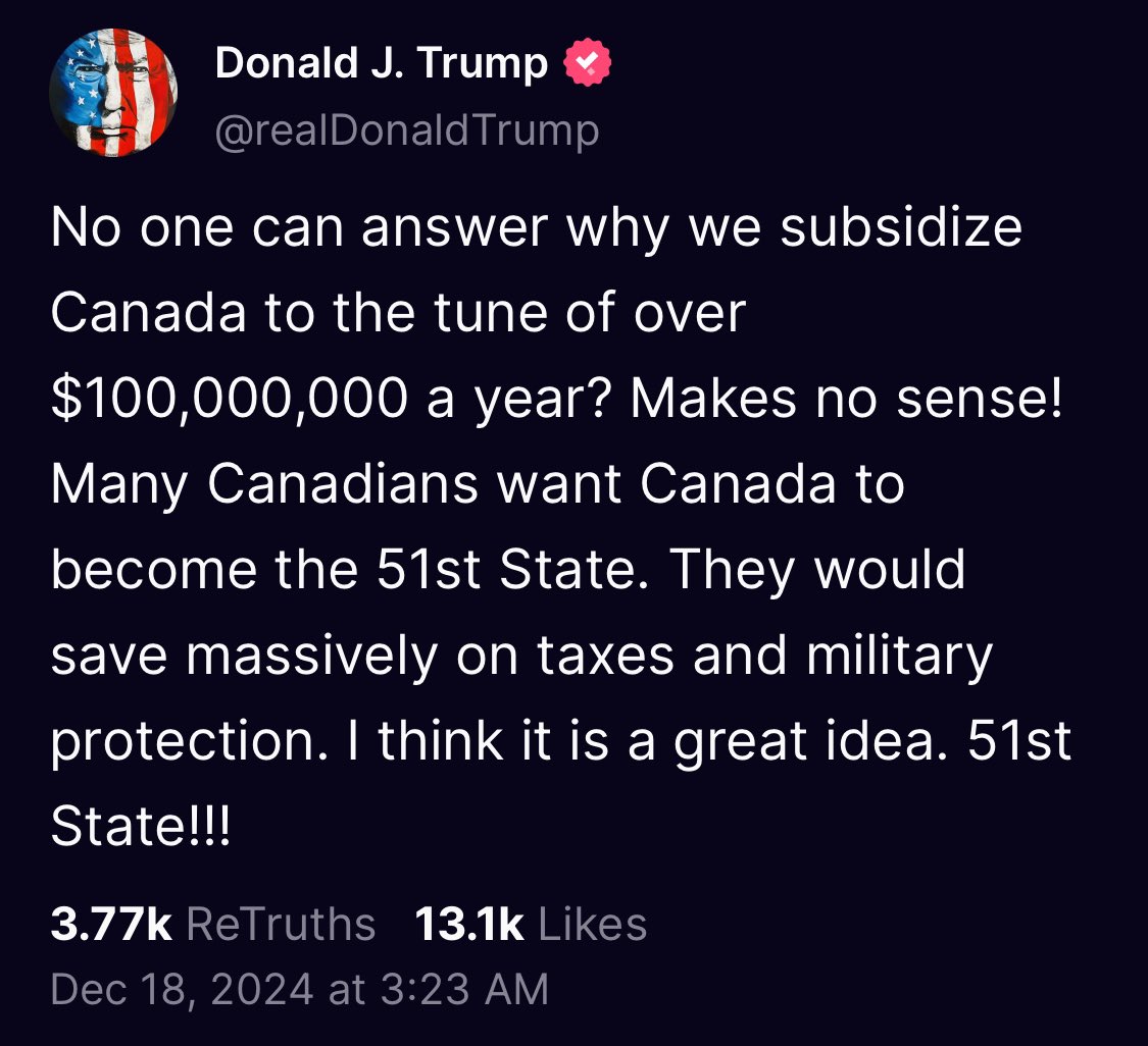 "Many Canadians want to become the 51st State" is pretty close to what Hitler said about the Sudetenland before annexing it

Putin too, before invading Ukraine

At this point any treasonous #MapleMAGA piece of shit advocating for US annexation must be put on a watch list
#cdnpoli