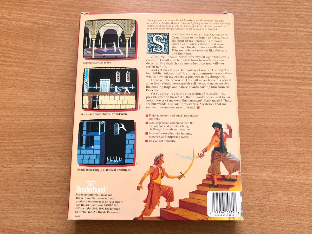 Gamrok's tweet image. I also really like the back of the box, very neat.

Thanks again to Jordan Mechner for creating this great video game 🙏

And what a magnificent box! ✨ ❤️

🧵 3/

#PrinceOfPersia #JordanMechner #Broderbund #RetroGaming #BigBoxGames #Amiga #AtariST #DOSGaming #AppleII