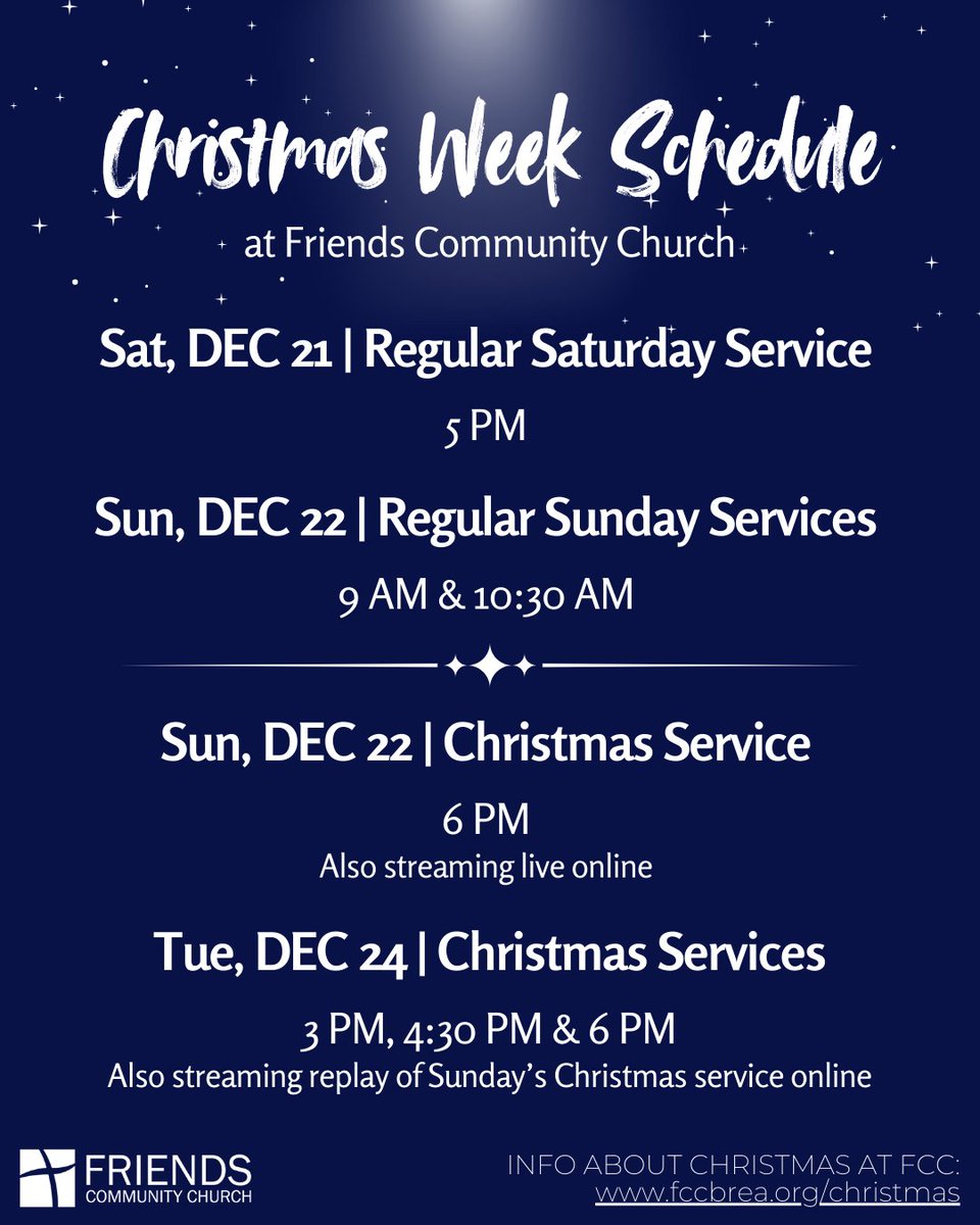 This weekend's regular worship services will be at their normal times: Saturday at 5 PM, and Sunday at 9 AM and 10:30 AM.

Our Christmas celebration services will take place on Sunday at 6 PM, and Tuesday at 3 PM, 4:30 PM, and 6 PM.

fccbrea.org/christmas