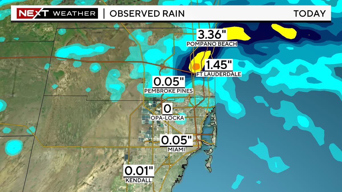 MakeItRainShane's tweet photo. A soggy start to our Wednesday! Slow-moving storms created flood concerns mostly in Broward County earlier today. Lighthouse Point recorded over 5 inches of rain so far! Meanwhile, Miami-Dade County received measly totals. A minor flood risk continues for today. #MiamiWx https://t.co/A63gWGbS3D