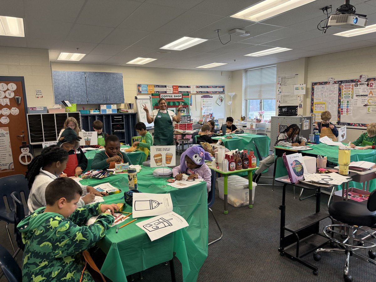 GaleBaileyES's tweet image. Welcome to Ms. E. thomas’ coffee shop! ☕️ ‘Baristas in training’ mastered math by cracking cash box codes, explored goods &amp;amp; services in social studies, and polished menus in reading &amp;amp; writing with poems, hot cocoa, and snacks! Learning is brewing here! 🦁#FunWithLearning