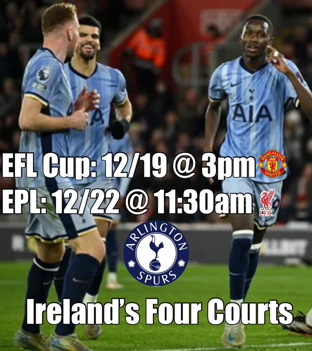 Carabao Cup match up next tomorrow against Man U- KO 3pm. Then on Sunday is our match against Liverpool @ 11:30am. Join us for both at @irelandsfourcourts 🍻COYS! #tottenhamhotspur #hotspur #coys #n17 #arlingtonva