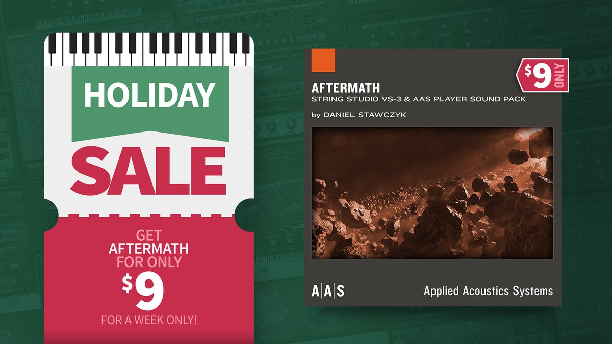 Aftermath by Danial Stawczyk can be yours for only $9 for a week only. A collection of fresh, expressive, and unsettling sounds with ultra playable special effect instruments.
Get Aftermath today: applied-acoustics.com/aftermath/
Our Holiday Sale is going strong: applied-acoustics.com/promo/