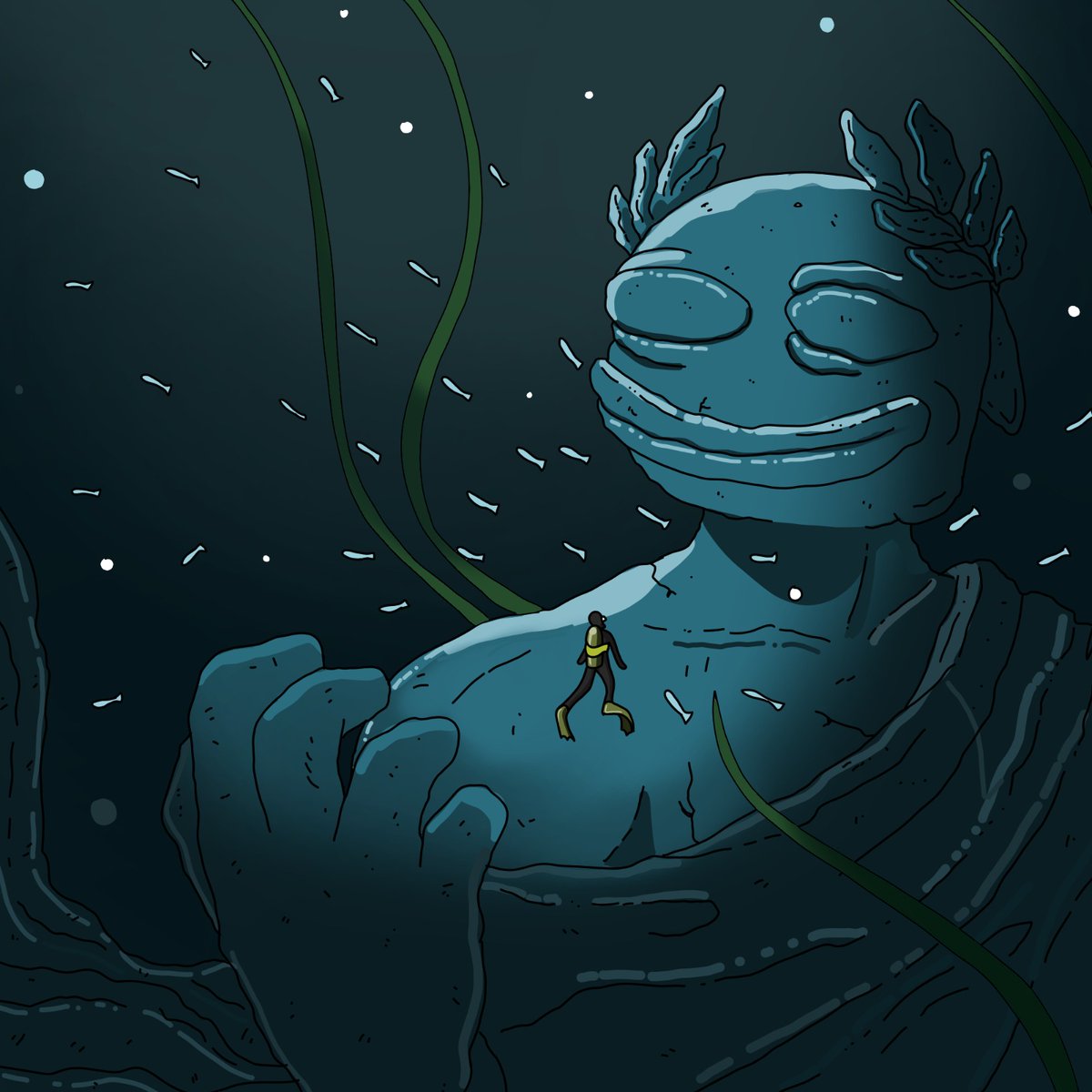 blubsui's tweet image. Divers discovered a mythical god in the deep ocean. Legend has it that one day this god would rise again to bring joy and protection to its people. Its name is whispered across the seas, but little is known about its reemergence; the waters remain cold and silent.

The legend…