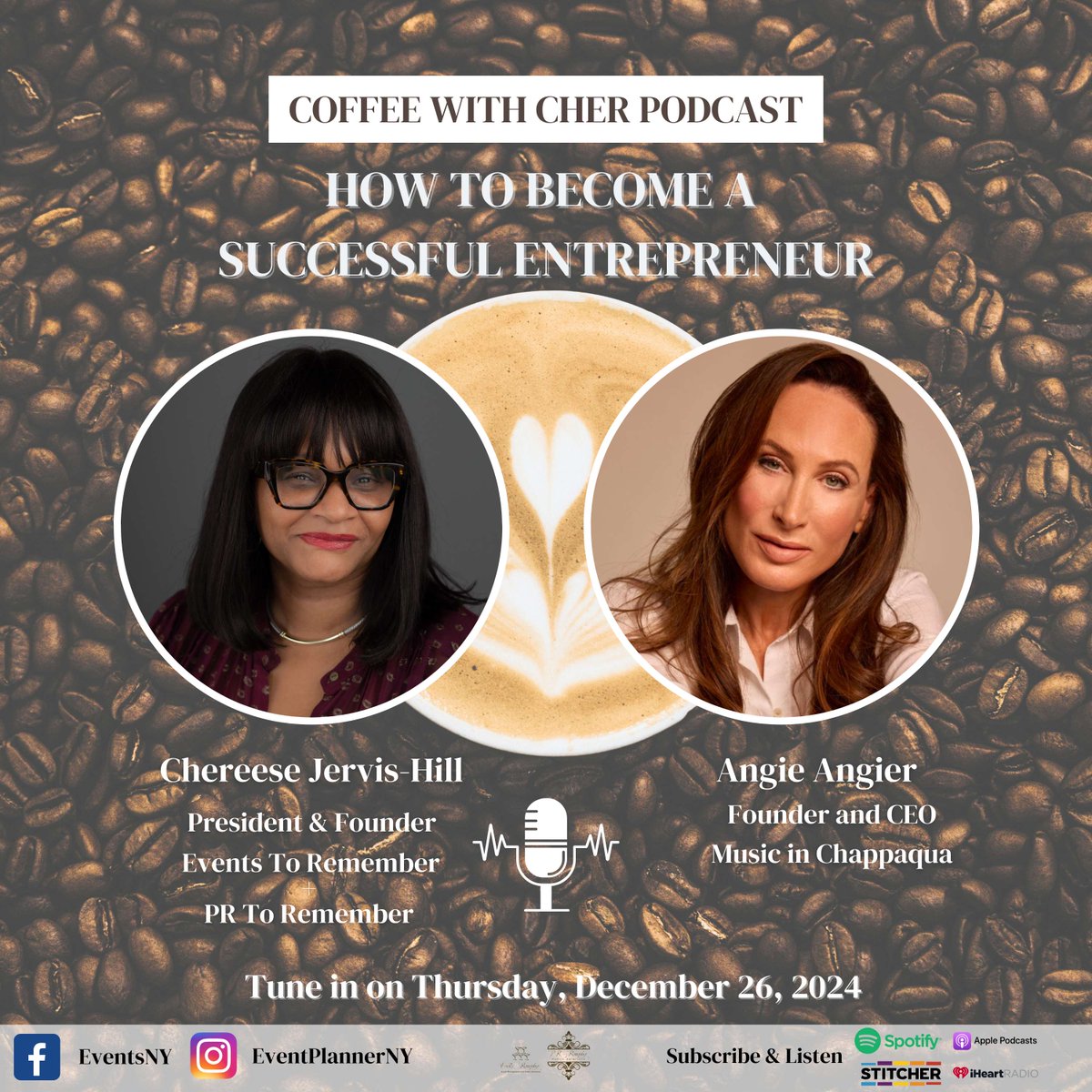 Join us for another Coffee with Cher on Thursday, December 26th at 2:00 pm with Angie Angier, Founder and CEO of Music In Chappaqua. Tune in and don't miss out as we discuss Angie's journey and learn more about Music in Chappaqua.