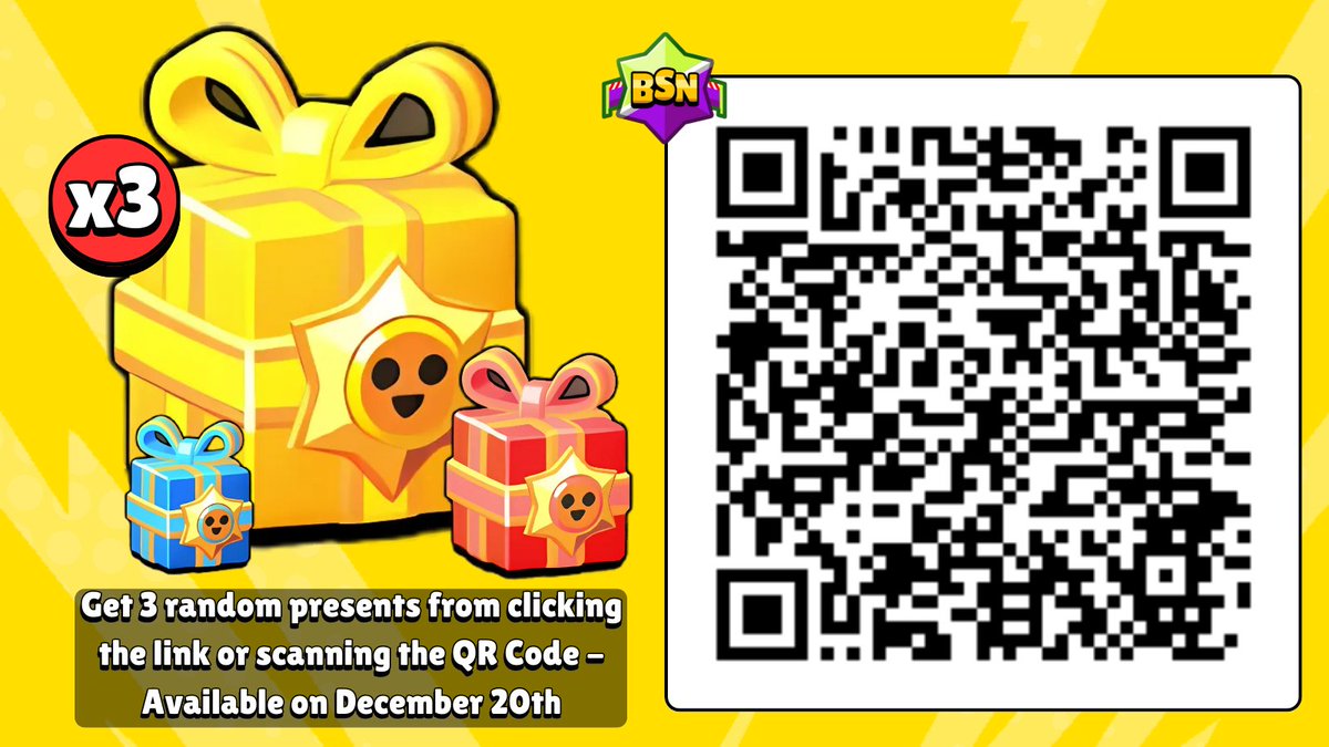 Get 3 Random Presents from this link or from scanning the QR Code!

Link ---> link.brawlstars.com/?action=vouche…

Make sure to bookmark and retweet this tweet, links will activate on December 20th!

#BrawlStars #ToyStory #GiftedBySupercell