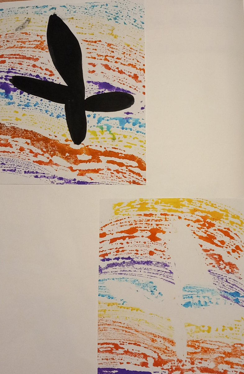 Our final pieces inspired by our learning challenge…cacao pods and leaves and South American sunsets. Transparent printing using stencil and silhouette. <a href="/AnfieldRoadY4/">AnfieldRoadY4</a> <a href="/AnfieldPrimary/">Anfield Primary</a> <a href="/tateliverpool/">Tate Liverpool</a> <a href="/tate_kids/">Tate Kids</a>