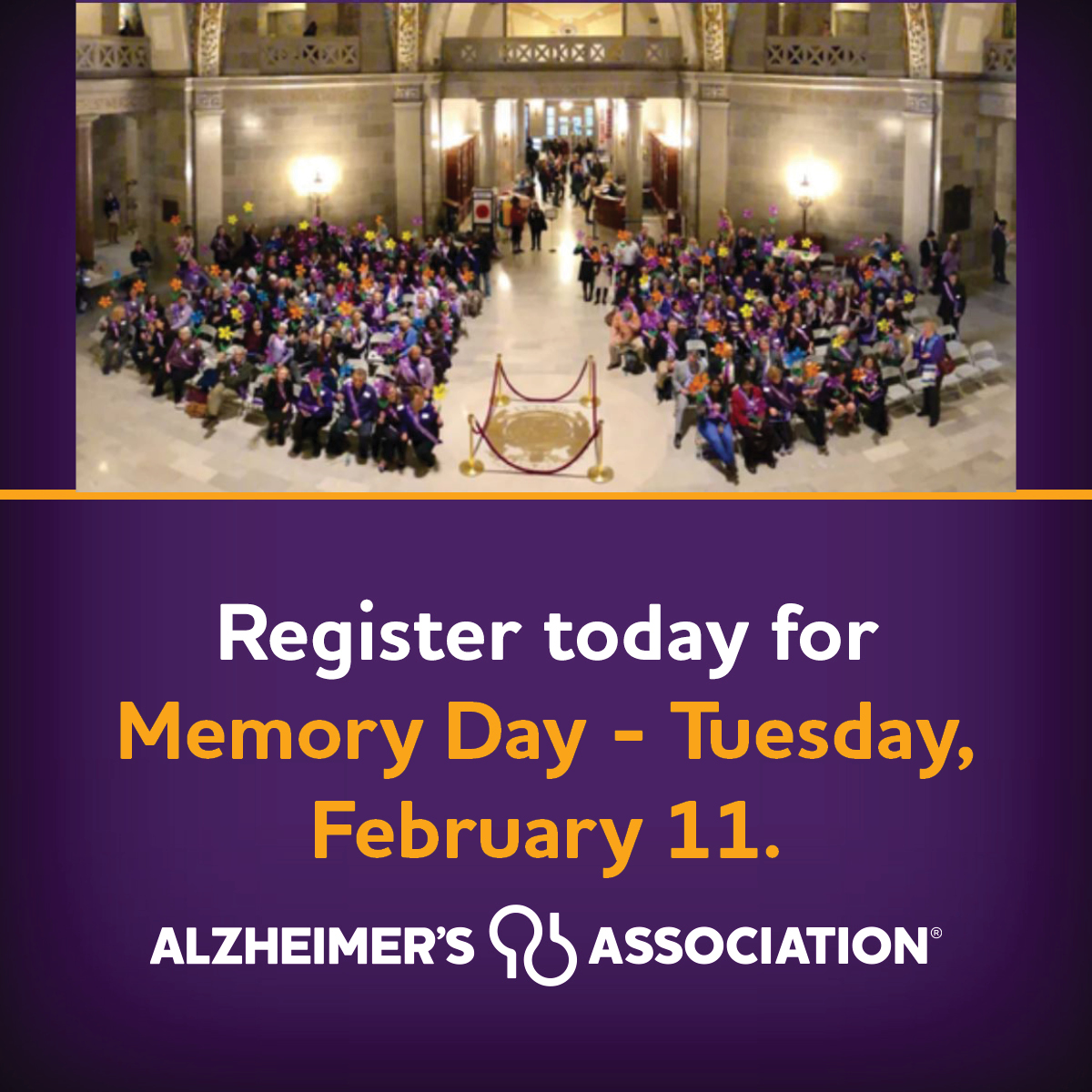 Help us turn the state Capitol purple by joining us in Jefferson City for Memory Day on Tuesday, February 11, as we come together to make Alzheimer’s and dementia a priority in Missouri.
alz-mo.quorum.us/event/18895/