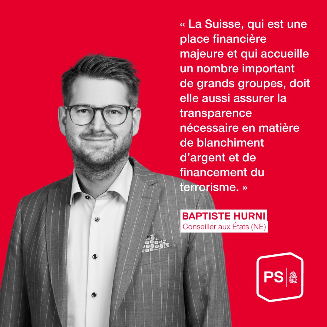 PSSuisse's tweet image. Pas en avant dans la lutte contre le blanchiment d’argent et le financement du terrorisme : le Conseil des États adopte une loi visant à créer un registre fédéral des ayants droit économiques des personnes morales, faisant notamment suite à une motion déposée par Baptiste Hurni.