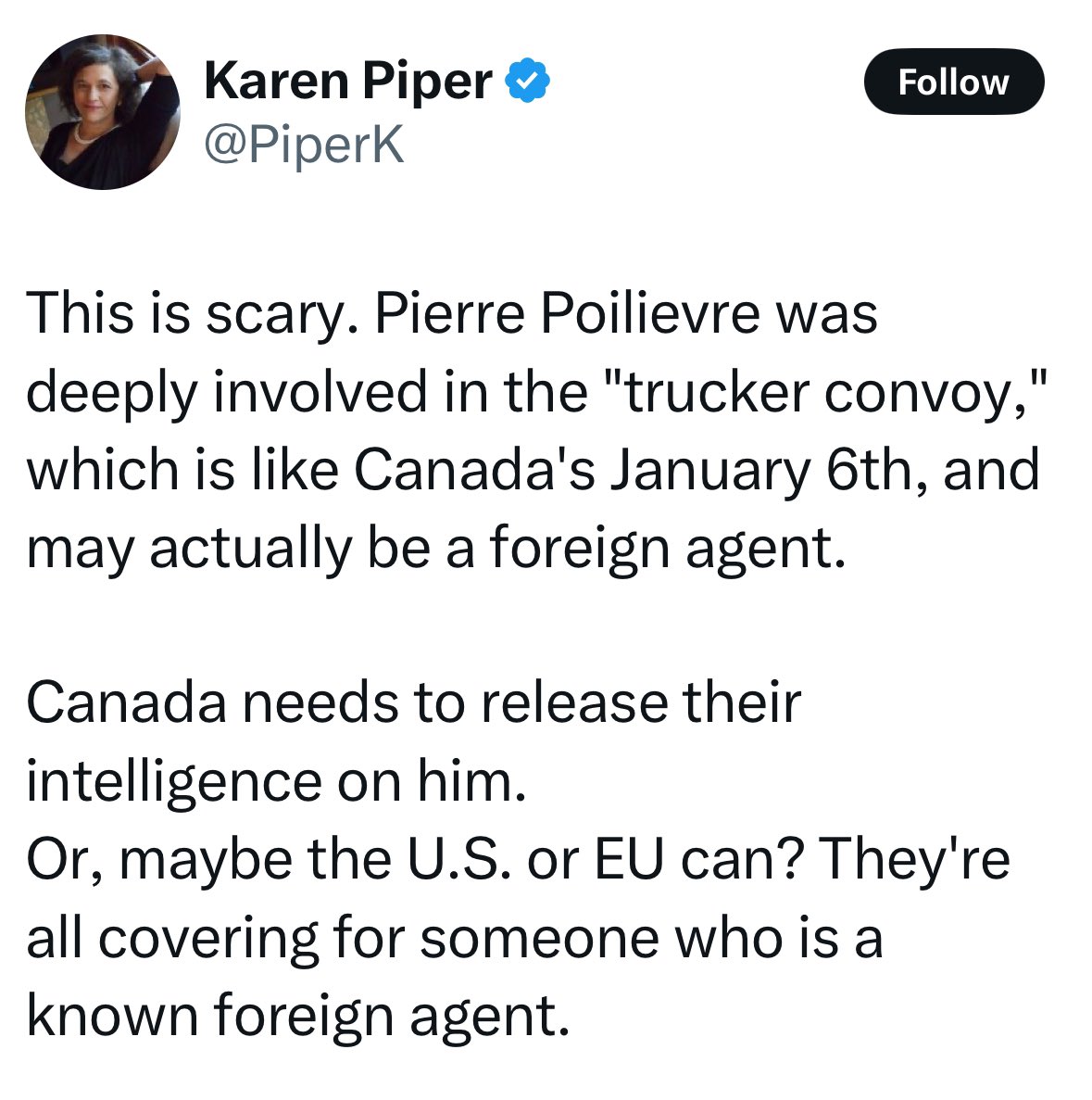 KatKanada_TM's tweet photo. Karen with a PhD is scared that Pierre Poilievre is a “known foreign agent.” 

Amazing! 🤣 https://t.co/A3nJqSnWip