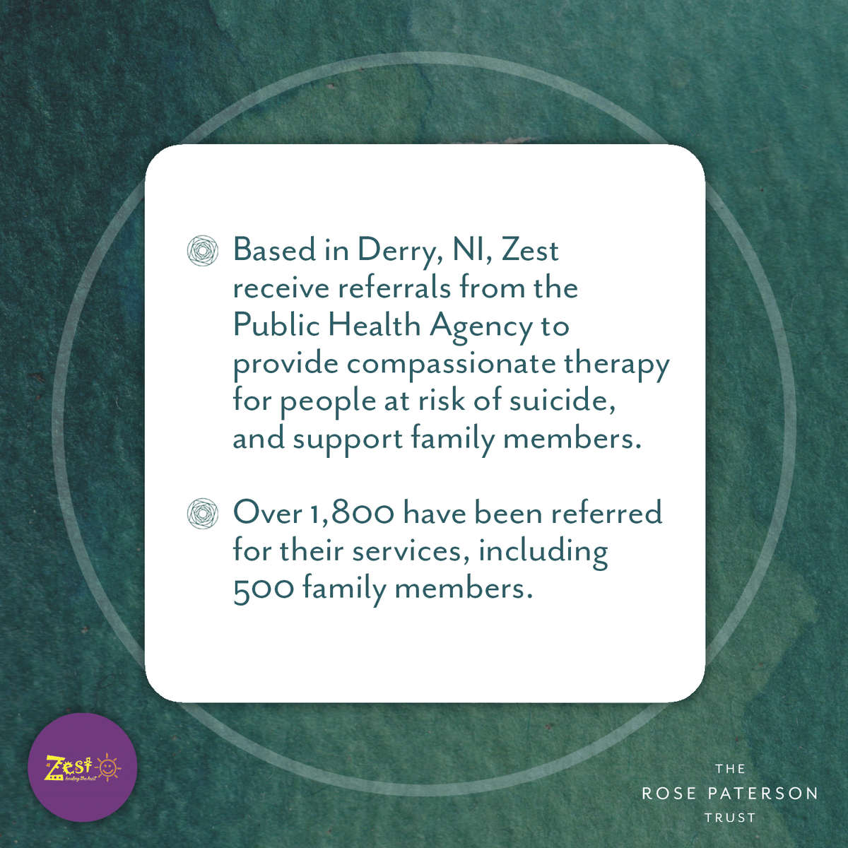 RPatersonTrust's tweet photo. MEET THE GRANTEE! 

Zest have received a second grant to keep their extensive counselling service going. The sessions they deliver change the game for many in Northern Ireland. Thank you for your true commitment to suicide prevention. #suicideprevention #mentalhealth #charity https://t.co/BY65T26bne