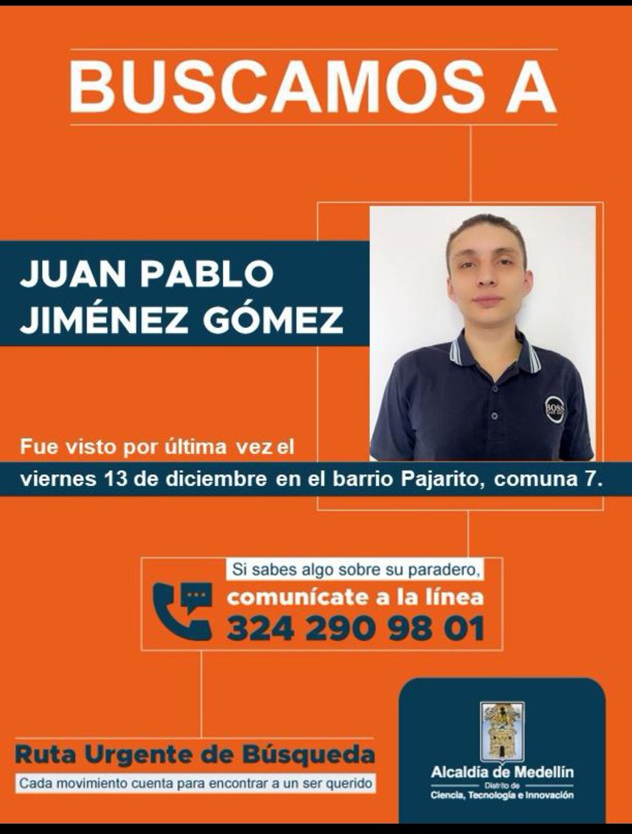 richardex45's tweet photo. Gravísimo la situación de está madre en Medellín. Su hijo desapareció en el barrio pajarito comuna 7 en Medellín desde el 13 de Diciembre. Hay una madre desesperada esperando encontrar a su hijo sano y salvo. Por favor Amigos ayúdenme con un RT. #EncontremosAJuanPablo https://t.co/5PEV5Gfat6