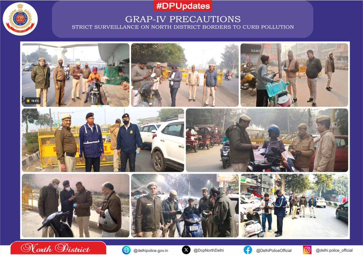 "Under the GRAP-4 guidelines, strict surveillance is being implemented at the borders of North Delhi to combat rising pollution levels. 
<a href="/DelhiPolice/">Delhi Police</a> 
<a href="/Ravindra_IPS/">Special CP Law & Order Delhi Police</a> 
#DPUpdates