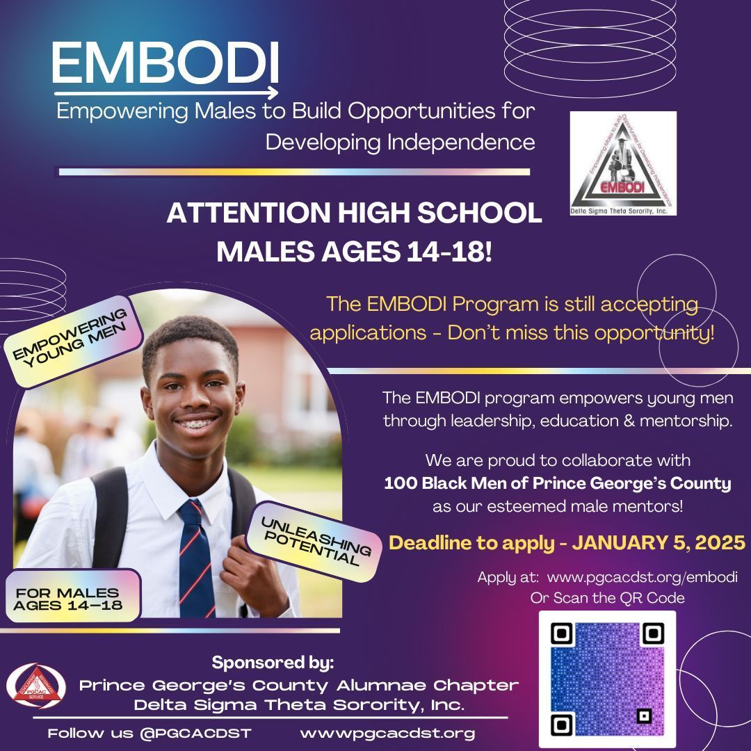 pgcacdst's tweet photo. 📣 Attention High School Males Ages 14-18!  The EMBODI Program is accepting applications, and the January 5th deadline is quickly approaching! Apply now via https://t.co/CtJRvIqOzW to access the application and secure your spot!
#EMBODI #Empowerment #YouthDevelopment #Leadership https://t.co/Dy5AcuiMfX