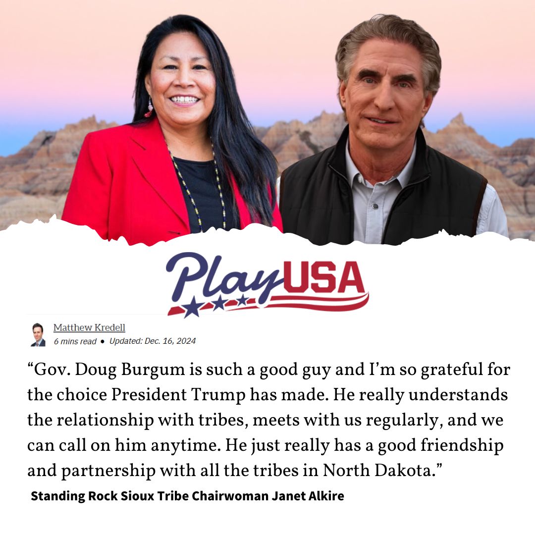Tribal leaders welcome <a href="/DougBurgum/">Doug Burgum</a> as Trump's pick for the position of DOI Secretary, optimistic about his collaboration with tribes. Known for respecting sovereignty, Burgum is seen as a positive choice for advancing tribal interests. playusa.com/tribal-leaders… <a href="/MatthewKredell/">Matthew Kredell</a>