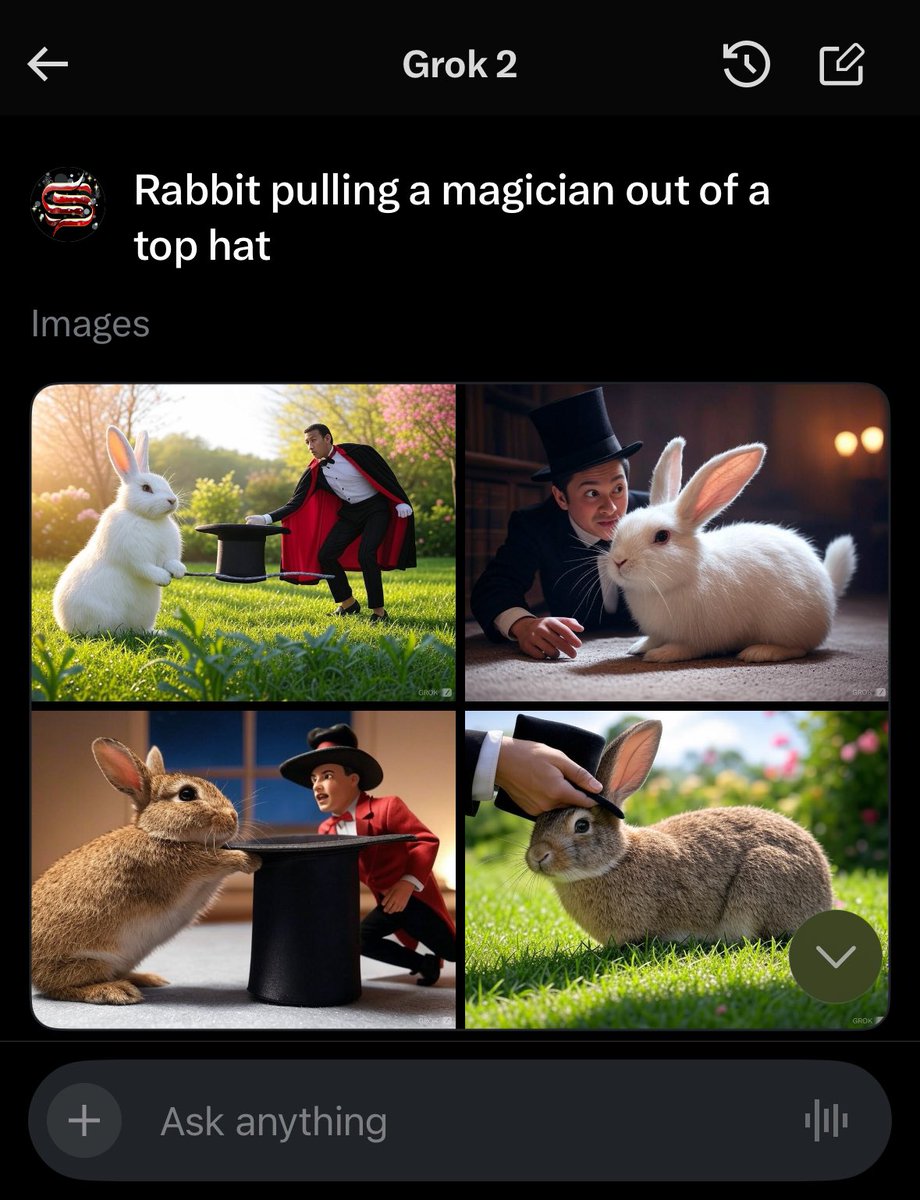 Me: <a href="/grok/">Grok</a> draw a rabbit pulling a magician out of a top hat.

Grok: 2 secs…

Me: Nice try, dumbass. 🗑️🚮

#spmuk