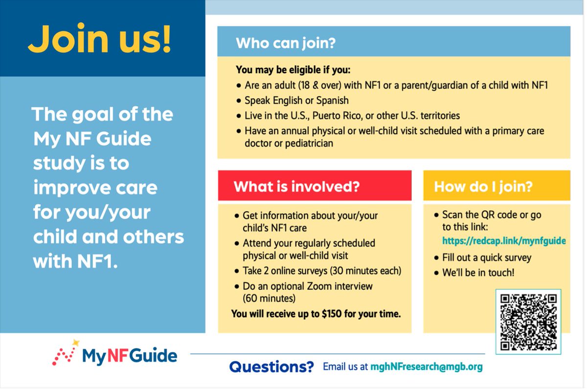 Research Opportunity for NF1 Patients &amp; Parents! 
 
Help improve healthcare for NF1. Massachusetts General Hospital is testing two interventions to provide NF1-specific recommendations during your annual physical exam or well-child visit.
 
redcap.link/mynfguide