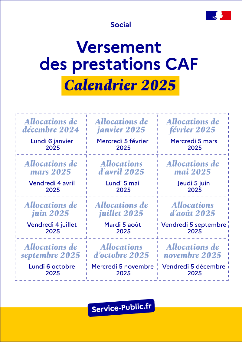 service-public.fr (@servicepublicfr) on Twitter photo 📅 Versement des prestations en 2025
La <a href="/cnaf_actus/">Allocations Familiales</a> effectue ses versements le 5 de chaque mois.
Si le 5 tombe un samedi, un dimanche, un jour férié… la date peut être décalée de quelques jours.
#prestationssociales #caf #allocationsfamiliales #rsa #apl #primedactivite 📅 Versement des prestations en 2025
La <a href="/cnaf_actus/">Allocations Familiales</a> effectue ses versements le 5 de chaque mois.
Si le 5 tombe un samedi, un dimanche, un jour férié… la date peut être décalée de quelques jours.
#prestationssociales #caf #allocationsfamiliales #rsa #apl #primedactivite