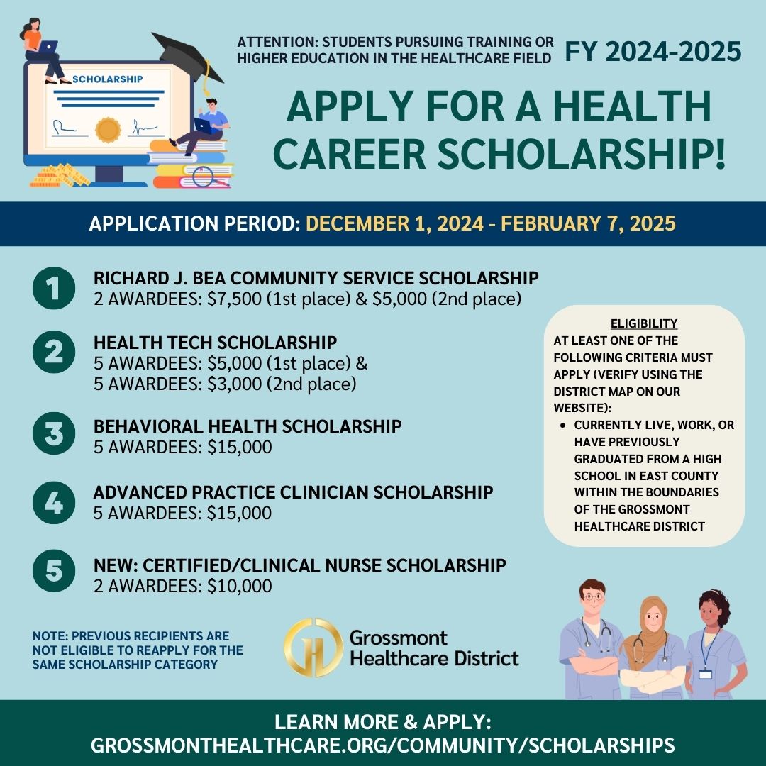 The application portal for our scholarships is open until 2/7/25. Scholarships are available for students in nursing, health tech, and behavioral health fields. Learn more &amp; apply: bit.ly/3VRUIHH #HealthcareScholarships #HealthCareerScholarships #EastCounty