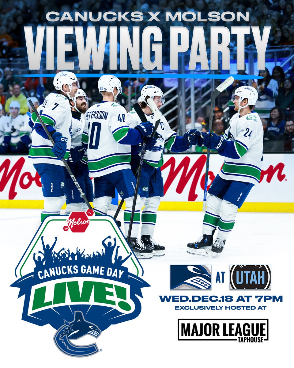 Canucks's tweet photo. The #Canucks and @Molson_Canadian are bringing the Rogers Arena vibe to Major League 2 Taphouse and Sports Pub for today’s Game Day Live!

Enjoy the Canucks dance team, a DJ, interactive games, and great prizes like tickets, jerseys, and merch.

Puck drop is at 7 PM, arrive early to grab your spot!