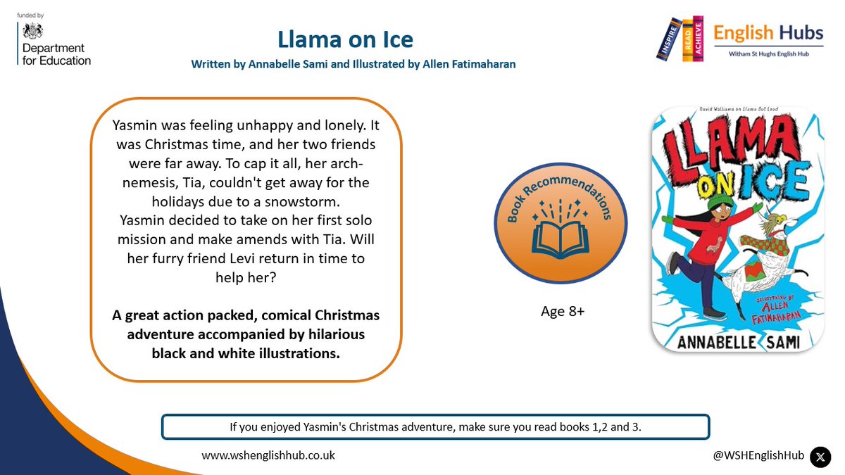 Each Wednesday, Witham St Hughs English Hub will be sharing a book recommendation. This week we are recommending Llama on Ice, written by <a href="/annabellesami/">annabelle</a> and illustrated by <a href="/AFatimaharan/">Allen Fatimaharan</a>. #LincolnshireReadingPledge tinyurl.com/y39x6t4y