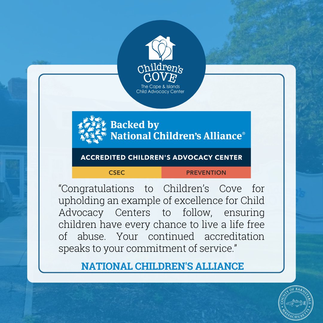 Children's Cove (@childrenscove) on Twitter photo Today @childrenscove announced to the @capecodgov Commissioners Office that they been awarded re-accreditation by <a href="/NCAforCACs/">National Children's Alliance</a>
following an extensive application and site review process. Learn more about our national re-accreditation here: loom.ly/qNbCMLY Today @childrenscove announced to the @capecodgov Commissioners Office that they been awarded re-accreditation by <a href="/NCAforCACs/">National Children's Alliance</a>
following an extensive application and site review process. Learn more about our national re-accreditation here: loom.ly/qNbCMLY